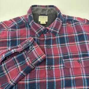 L.L. Bean Medium Red Blue Fleece Lined Thick Long Sleeve Button Up Shacket‎